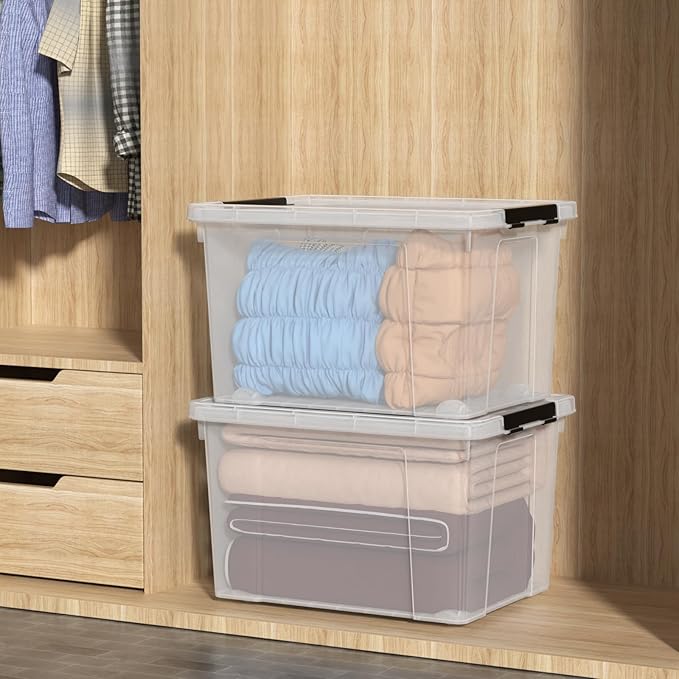 Buyitt 50 Quart Heavy Duty Clear Storage Container with Wheels & Lid, Latching Plastic Storage Box Bin (19.84L x 15W x 12.6H), Stackable, See-Through Organization Tote (4 Pack)