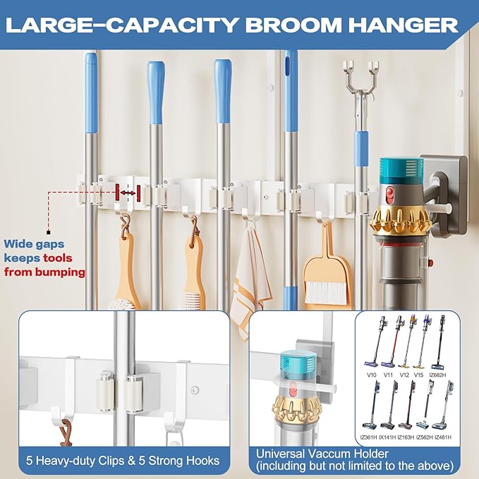 Broom Holder Wall Mount with Cleaning Supplies Organizer, Laundry Room Organization and Storage Shelf with Mop Hanger Rack Gripper Hooks, Utility Shelf Closet Organizer Floating Shelves for Garage