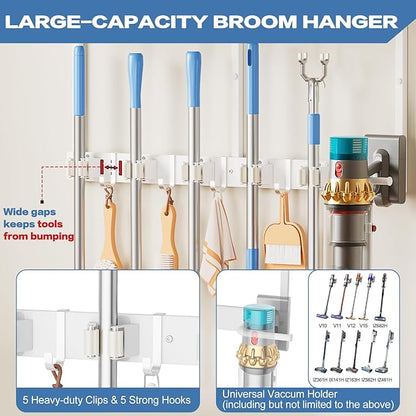 Broom Holder Wall Mount with Cleaning Supplies Organizer, Laundry Room Organization and Storage Shelf with Mop Hanger Rack Gripper Hooks, Utility Shelf Closet Organizer Floating Shelves for Garage