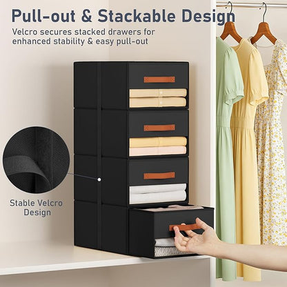 DIMJ Closet Organizers and Storage - Fabric Bins with Drawers for Closet Foldable Clothes Organizers with Clear Window, Stackable Storage Drawers Units for Bedroom, Living Room, Medium 6-Pack, Black