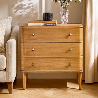 HULALA HOME Modern End Table Set of 2 with Charge Station, 3 Drawer Wood Side Table with Solid Wood Legs & Adjustable Feet, Curved Design End Table, Oak