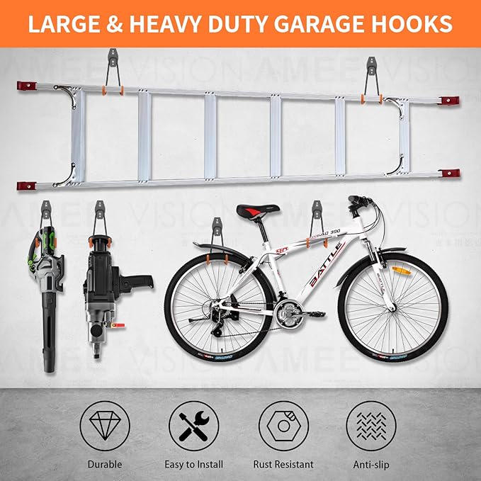 ENUODA Large Garage Hooks Heavy Duty - Wall Mount Garage Storage Hooks for Hanging Ladder, Garden Tool, Power Tool, Drill, Bike, Extension Cord, Hose, Chair, Bulk Items, 7.5 inch, 6 PCS