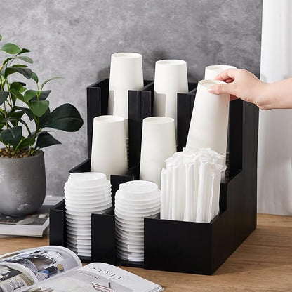Wooden Vertical Coffee cup and lid dispenser, coffee condiment organizer, 9 Compartment for Disposable Paper & Plastic Cup, for cabinet Station Home Countertop Bar 13''l x 13''w x 12''h