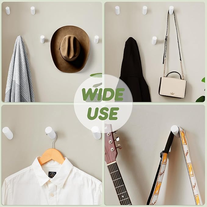 Wood Wall Hooks, 4 Pack Coat Hooks Wall Mounted, Rustic Wooden Heavy Duty Robe Hook Hat Rack, Hook for Hanging Bathroom Towels Clothes Hanger (White)