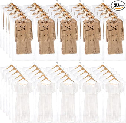 AVLA 50 Pack Plastic Garment Bags, Clear Dry Cleaner Bags, Hanging Clothes Cover Protector Bag for Closet Storage, Transparent Hung Coat Suit Dust Cover, Dry Cleaning Laundrette Bag for Home, Laundry