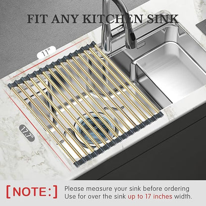 VONIKI Gold Over Sink Dish Drying Rack, 17.7"x 11"Roll Up Dish Drying Rack, Silicone Wrapped Kitchen Rolling Dish Drainer, Anti-Slip Foldable Sink Rack Mat, Multipurpose Dish Racks For Kitchen Counter