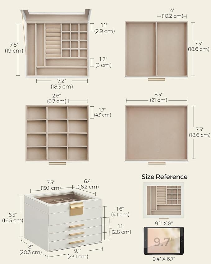 SONGMICS Jewelry Box Organizer with Glass Lid, 4-Layer Jewelry Storage, with 3 Drawers, Modern Style, 8 x 9.1 x 6.5 Inches, Cloud White and Gold Color UJBC173W01
