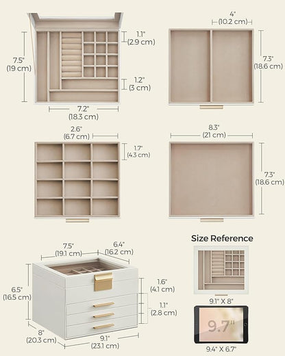 SONGMICS Jewelry Box Organizer with Glass Lid, 4-Layer Jewelry Storage, with 3 Drawers, Modern Style, 8 x 9.1 x 6.5 Inches, Cloud White and Gold Color UJBC173W01