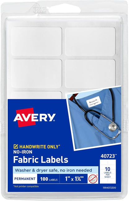 Avery No-Iron Fabric Labels, 1" x 1-3/4", Washer and Dryer-Safe Waterproof Labels, Non-Printable, 100 Total (40723)