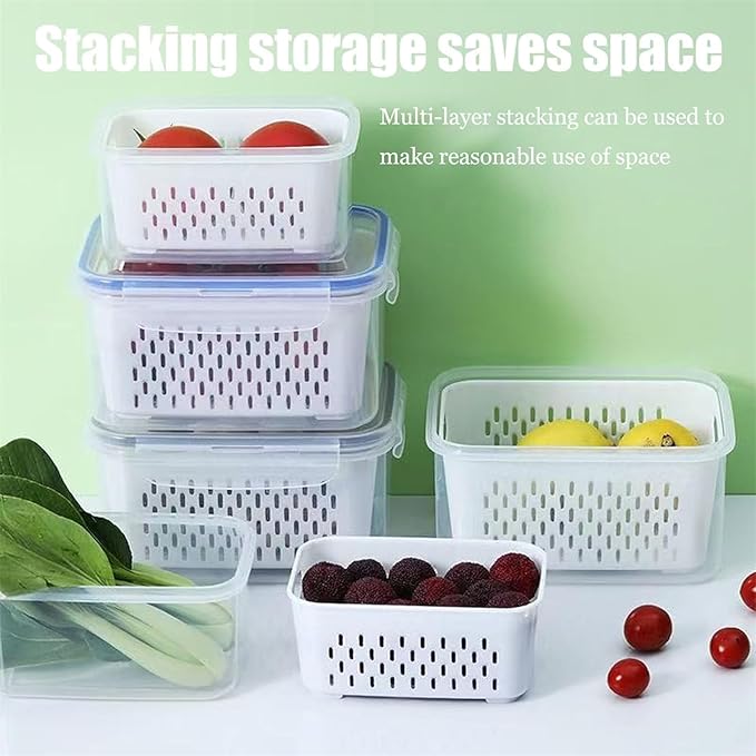 Organizeh Household Transparent Plastic Food Storage Box-Including Drain Basket, Portable Breathable Multifunctional Basin, Fruit Storage Containers for Fridge with Removable Colander (Grey)