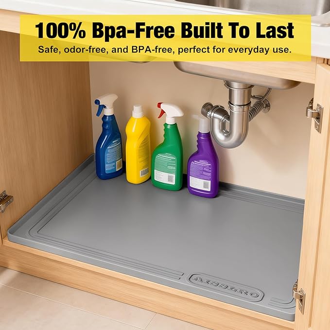 Aisslro Under Sink Mat 25" X 19", Waterproof Silicone Under Sink Mats for Kitchen, Anti-Leak Shelf Liner & Cabinet Protector with Raised Edge, [BPA Free] Bathroom Tray Home Organizer, Dark Gray
