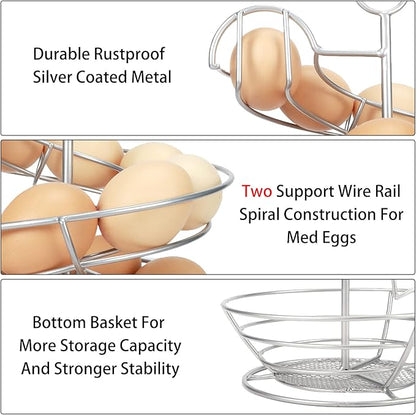 QUTREY Silver Metal Egg Holder Countertop, Spiral Design Egg Skelter Dispenser Rack with Egg Storage Basket for Kitchen