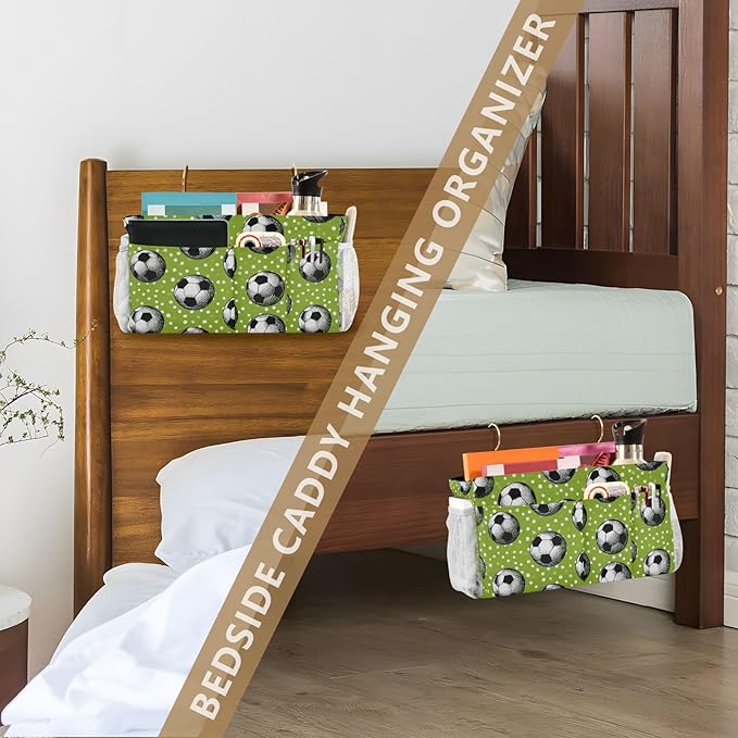 CuwrYet Bedside Caddy Hanging Bunk Bed Caddy Bed Organizer Hanging Pocket with 2 Hooks Bedside Storage Organizer Pocket Bag Holder Deep Green Soccer Balls Dots