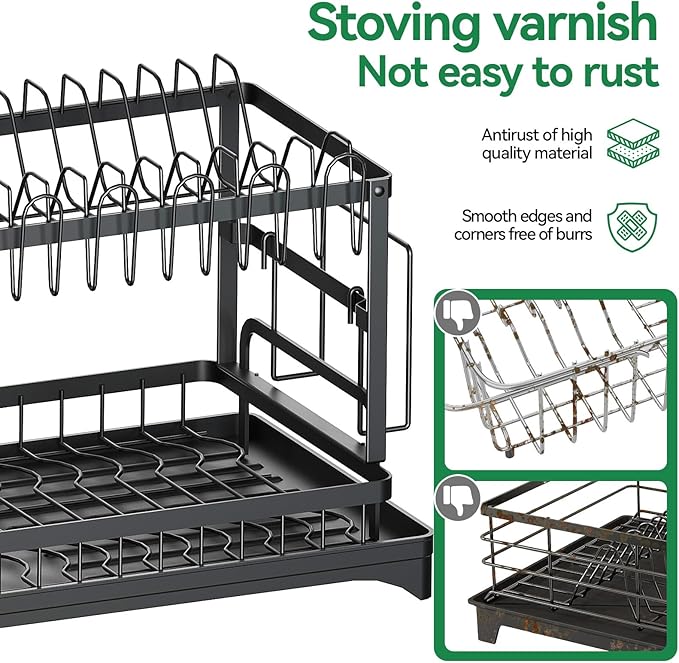 QECOUI 2-Tier Dish Drying Rack with Drainboard, Sink & Countertop Metal Dish Rack Organizer, Dish Drainers for Kitchen Counter, Black