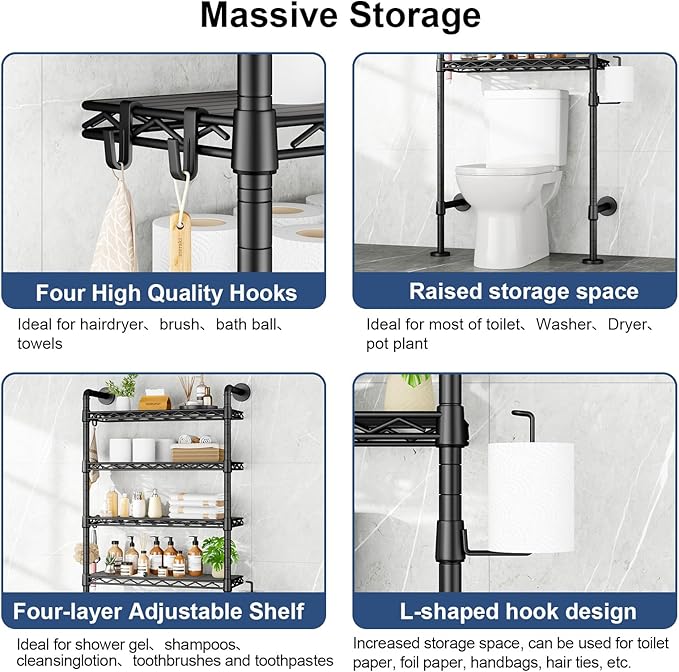 Roxibelt K3 Wall Mounted 4-Tier Over the Toilet Storage，Metal Above Toilet Storage with Paper Hook，Over Toilet Bathroom Organizer with Adjustable Shelf，Above Toilet Rack 9.7"D x 25.6"W x 74.3"H，Black