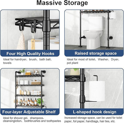 Roxibelt K3 Wall Mounted 4-Tier Over the Toilet Storage，Metal Above Toilet Storage with Paper Hook，Over Toilet Bathroom Organizer with Adjustable Shelf，Above Toilet Rack 9.7"D x 25.6"W x 74.3"H，Black