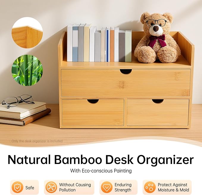 Bamboo Desk Organizer, 100% Original Mini Bamboo Desk Drawer Tabletop Storage Organization Box 3 Drawer Storage Organizer for Office Home Toiletries Supplies No Assembly Required