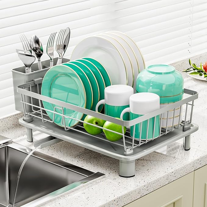 BULIJUJU Small Dish Drying Rack, Space Saving Dish Racks for Kitchen Counter, Kitchen Organizer Dish Drainer with Cutlery Holder for Spoons and Forks, 11''W x 15''L, Gray