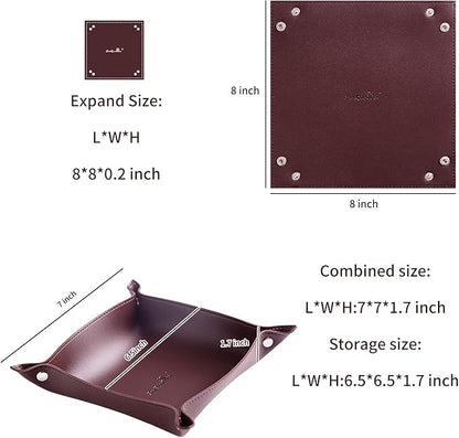 SANQIANWAN Leather Jewelry Valet Tray for Women and Man, Portable Entryway Table Tray Bedside Nightstand Desk Tray Small Catchall Travel Dish Plate for Key,Wallet,Watch,Coin(8x8, Deep Brown-B)