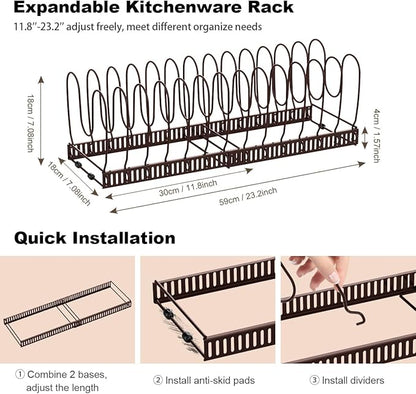 Housolution Pot and Pan Organizer Rack for Cabinet, Expandable Pot Lid Organizer with 14 Adjustable Dividers, Pan Holder Storage Rack for Kitchen Cabinet, Bronze