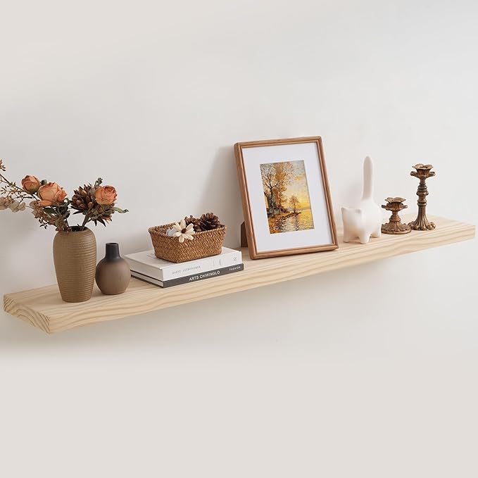 Fun Memories 48 Inch Floating Shelves for Wall, Deep Rustic Solid Wood Floating Shelf - Farmhouse Wall Mounted Display Shelf with Heavy-Duty Metal Bracket, 48" W x 8" D, Set of 1, Unfinished for DIY