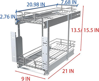 2 Tier Pull Out Cabinet Organizer, 9" W x 21" D Heavy-Duty Metal Sliding Drawer Shelf for Kitchen Cabinets, Chrome, Doesn't Include Door Fittings