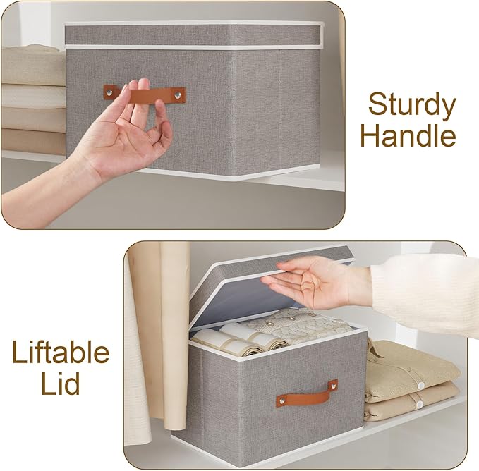 Collapsible Storage Bin with Lid, Linen Collapsible Box, 15 x 9.8 x 9.8 Inch Storage Basket with Double Handles for Laundry Bathroom, Grey, 1-Pack