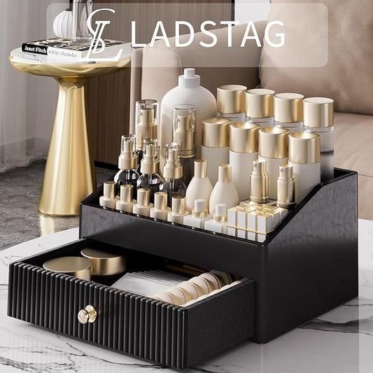 LADSTAG Vanity Organizer,Leather Skin Organizers with 1 Drawer&Tray,Large Capacity Black Vanity Organizers and Storage for Lipstick,Bedroom,Bathroom,Mothers Day Gifts,Gift for Women