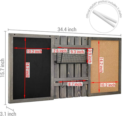 MyGift 3 Panel Wall Mounted Entryway Bulletin Board Combo Set with Vintage Gray Solid Wood Frame, Chalkboard, Cork Board, Black Metal Mail Basket, and Hanging Rail