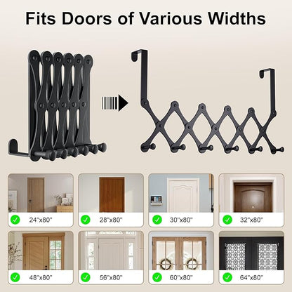 SCUNDA Expands Over The Door Hook Rack, Heavy Duty No Drill Hooks for Bathroom, Bedroom, Kitchen, Closet - Over The Door Hanger for Towels, Robes, Bags, Coats(Black)
