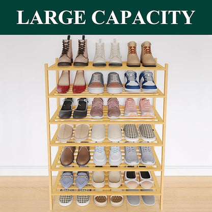 Smiry Bamboo Shoe Rack 6-Tier, Stackable Wooden Shoe Organizer for Entryway & Closet, Free Standing Wood Shoe Storage Shelf for Front Door & Small Spaces, Natural