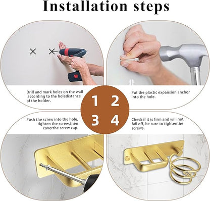 OlBuWa Hairdryer Holder Spiral Shelf Bracket Stand Hanger Organizer Blow Storage with Cable Tidy Rack for Bathroom Gold