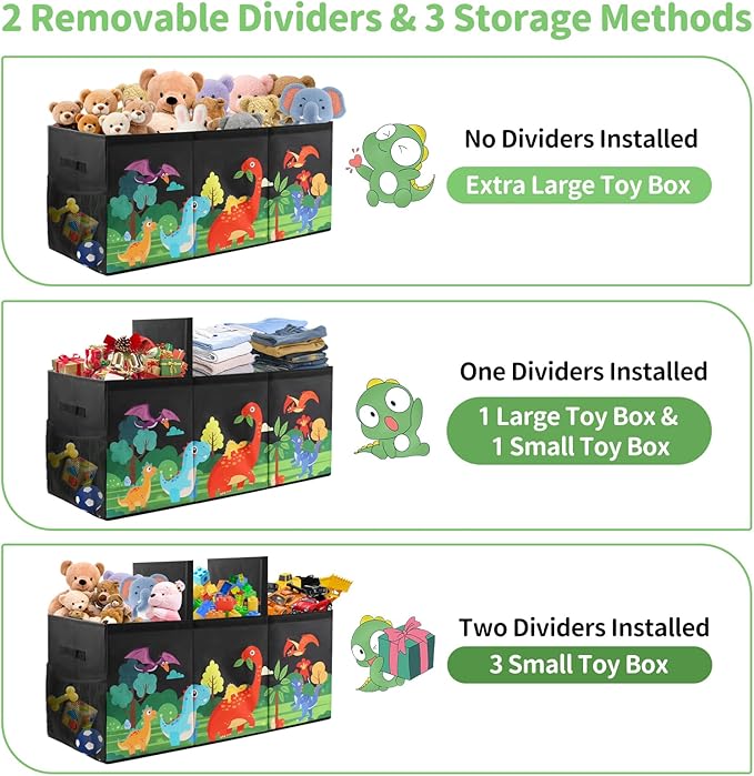 Extra Large Kids Toy Box, Foldable Toy Organizer with Dividers & Lids, 148L Dinosaur Storage Bin for Toddlers Boys Girls, Collapsible Chest for Toys, Books, Bedroom, Playroom, Nursery Black