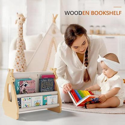 Double Sided Kids Bookshelf – 2 Tier Portable Toddler Bookshelf, Book Shelf for Kids Rooms & Playroom, Cute Kangaroo Design Wooden Montessori Baby Bookshelf,Toddler Book Display Shelves,Brown