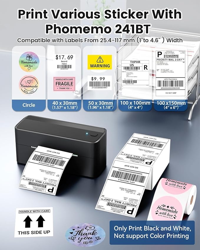 Phomemo Bluetooth Shipping Label Printer, 241BT 4X6 Wireless Thermal Label Printer for Small Business, Labels Printers for Shipping Package, Compatible with iPhone, Android, Amazon, Shopify, Black