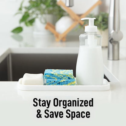 Zulay Kitchen (9x3.5) Silicone Sponge Holder for Kitchen Sink - Flexible Multipurpose Soap Tray - Sink Organizer for Kitchen, Bathroom, Makeup, Trinkets & More (White)