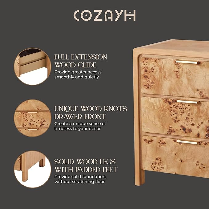 Burl Finish 3 Drawer Nightstand, Wood Rustic Farmhouse Dresser, Vintage Accent Storage Bedside Table for Bedroom Entryway, Fully Assembled, Natural