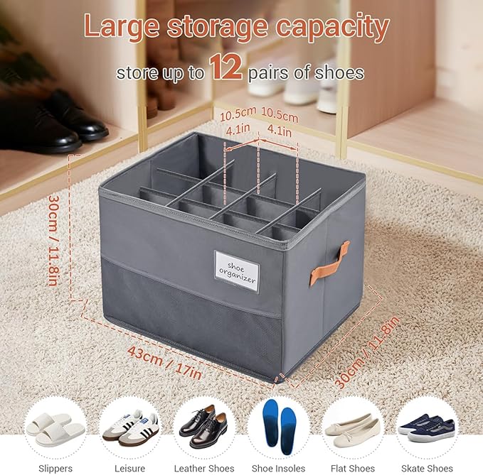 Chewlish Shoe Organizer for Closet, Foldable Shoe Box Storage Containers with Clear Cover, Smooth Zipper, Reinforced Handles and Bottom Support, Space Saving Shoes Holder, Gray (2, Small)