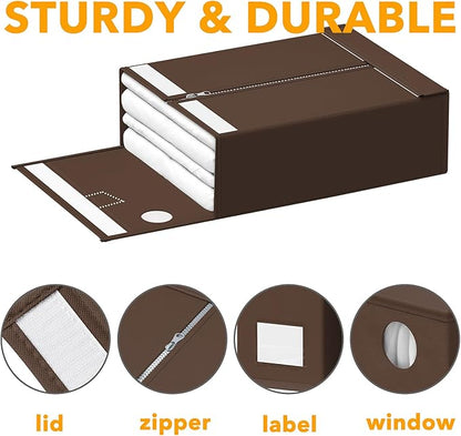 SpaceAid 12 Pack Bed Sheet Organizers and Storage, Foldable Sheet Organizer for Linen Closet, Sheets Set Folder Keeper with Window XL (Queen & King Size) Bedding Container (Brown, 12 Pack)