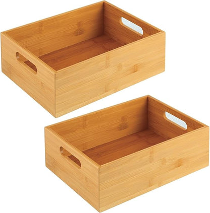 mDesign Kitchen Storage Box - Large Wooden Box with Handles - Bamboo Kitchen Utensil Storage Box - 12" x 9" x 4" - Set of 2 - Nature