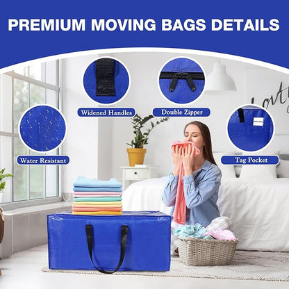 10 Pack Moving Bags Heavy Duty Extra Large Storage Bags with Zippers, Handles, Backpack Straps Packing Bag for Moving College Dorm Room Essentials, Camping, Travel, Clothes 93 L 25 Gallons(Blue)