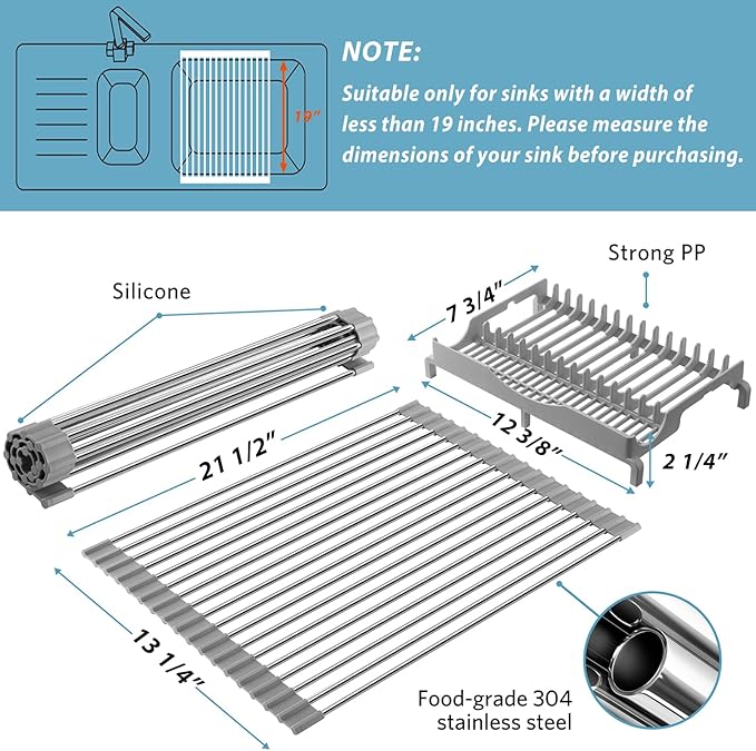 EMIERAI Upgraded Roll Up Dish Drying Rack(21.5” x 13.1”) Over Sink Dish Drainer Foldable Stainless Steel Trivet for Kitchen Countertop