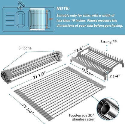 EMIERAI Upgraded Roll Up Dish Drying Rack(21.5” x 13.1”) Over Sink Dish Drainer Foldable Stainless Steel Trivet for Kitchen Countertop