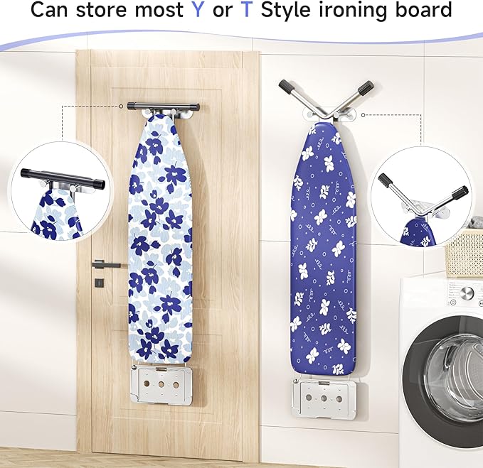 Ironing Board Holder Wall Mount,Ironing Board Hanger with Removable Hooks, Laundry Rooms Stainless Steel Ironing Boards Hook for Wall for Y or T Leg (Silver)