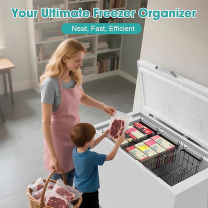 Freezer Organizer Bins, 2 Pack Expandable Stackable Chest Freezer Containers with Hanging Handles, Adjustable From 14.6" to 24.8" Storage Baskets for Fridge, Deep Freezer, Cabinet, Kitchen, Pantry