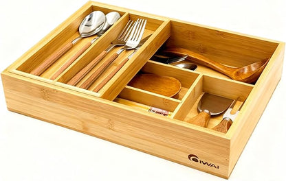 2-Tier Drawer Organizer with Removable Cutlery Tray Kitchen Utensil Silverware Drawer Organizer, Silverware Tray for Drawer Utensil Holder Bamboo Flatware Box for Utensils Stationery Cosmetics (M)