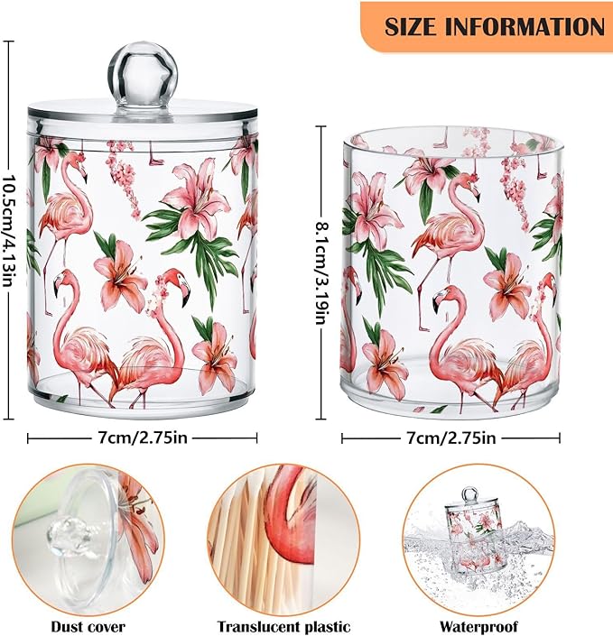 MNSRUU 2 Pack Qtip Holder Organizer Dispenser Pink Watercolor Flamingos Bathroom Storage Canister Cotton Ball Holder Bathroom Containers for Cotton Swabs/Pads/Floss