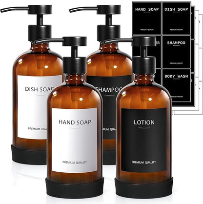 RYTOXILO Amber Glass Soap Dispenser 4 Pack, Hand Soap Dispenser Bathroom with Stainless Steel Pump, 16.9 Fl oz Hand and Dish Soap Dispensers Set Kitchen, Modern Brown Soap Lotion Dispensers Bottle