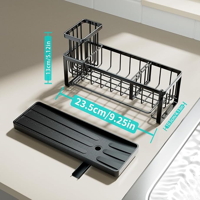 HapiRm Sponge Holder for Kitchen Sink - Self-draining Sink Caddy with Brush and Dishcloth Holders, Stainless Steel Kitchen Organizer for Countertop - Black