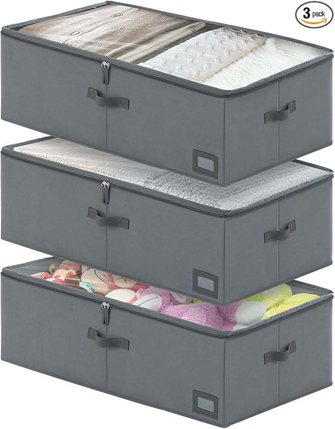 PLUMGEAN 10-Inch Under Bed Storage Containers (3-Pack) | Sturdy Sidewalls | Clear Cover & Label Holder | Foldable Closet Organizer | Stores Clothing/Blankets/Wrapping Paper/Toys
